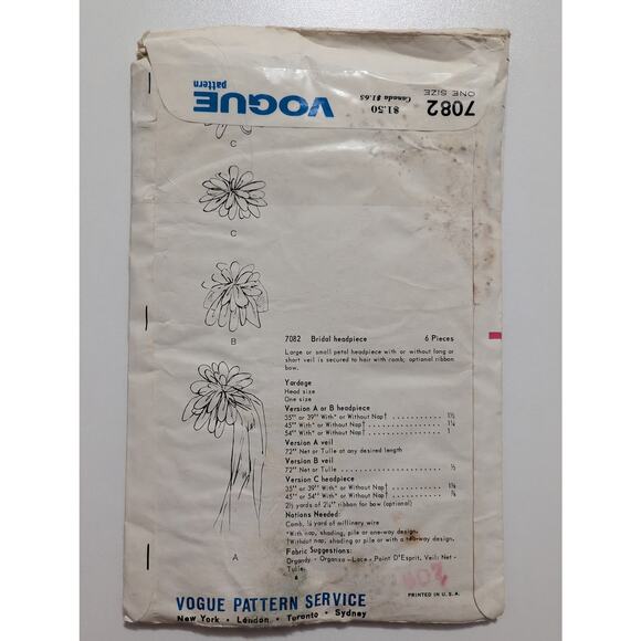 Vogue 7082 Bridal Headpiece Pattern by Halston for Bergdorf Goodman 1950's - Picture 2 of 3